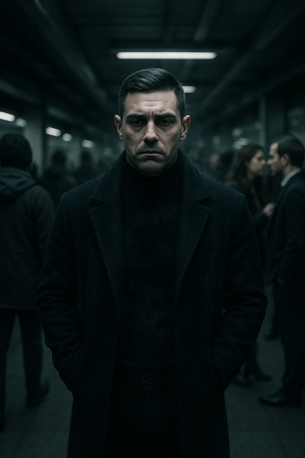 A cinematic shot of a man in his early 30s standing still in the middle of a crowded urban environment — perhaps a subway platform or office hallway — surrounded by blurred, cold-looking people facing away from him or speaking among themselves, ignoring him completely. The man has a heavy, emotionally drained expression, shoulders slightly slouched, hands in his coat pockets. He stands out in sharp focus while the others are dimly lit, grey-toned, and in motion blur. The lighting is harsh and cool, with strong shadows and low saturation to emphasize emotional isolation. A subtle dark aura or mist lingers around the man’s body, visually conveying the weight of negativity and emotional pressure. Shot in 35mm cinematic style, high realism, with a desaturated color palette and shallow depth of field emoji