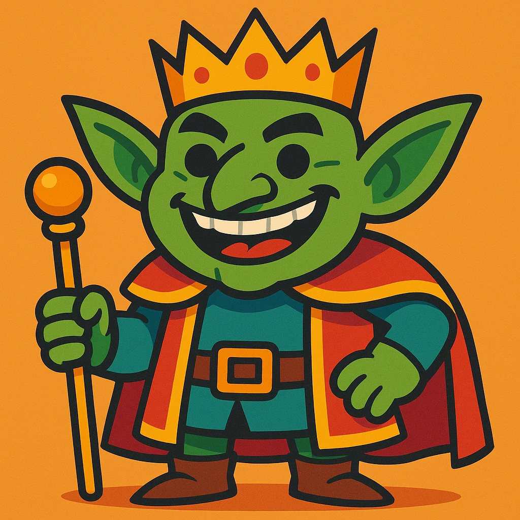happy goblin king, beardless, wearing a crown, vibrant cartoon style emoji