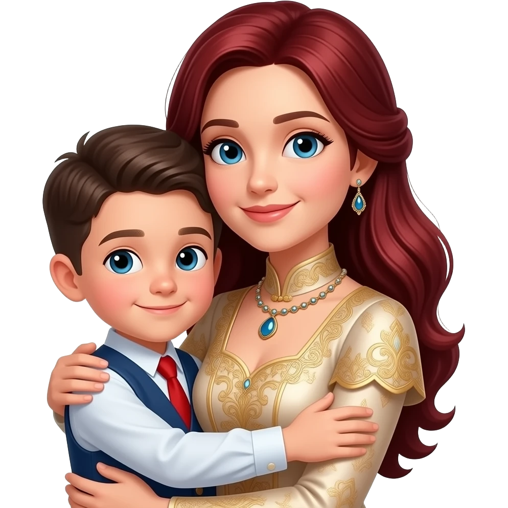 8 year old boy hugging mom mom has dark red hair in some nice fancy clothes qnd boy us in some really nice clothes emoji