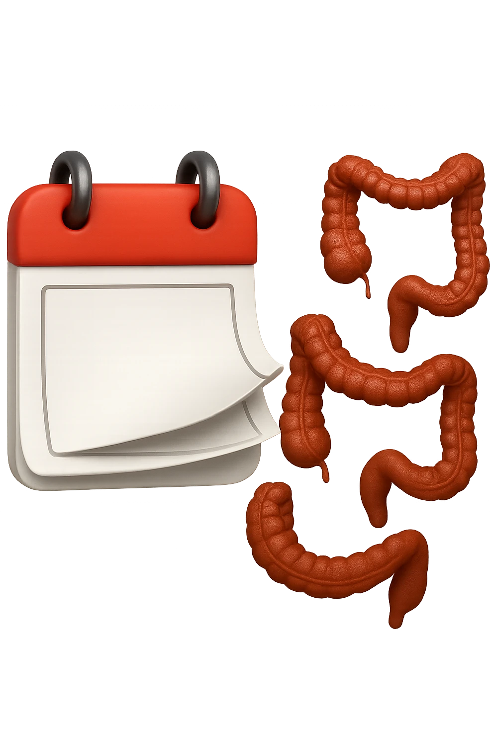 emoji stile iphone di un calendario con fogli che volano insieme a pezzi anatomici di colon umano, iperrealistico 4k, isolato su sfondo bianco emoji