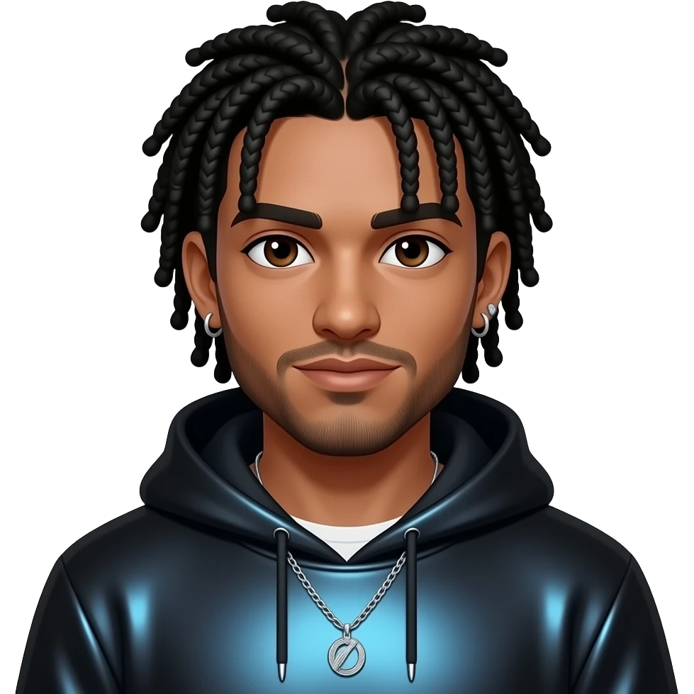 Hassan B from Fictional Characters with dark brown eyes, long black cornrows, black and blue metallic sweatshirt, silver necklace and earrings emoji