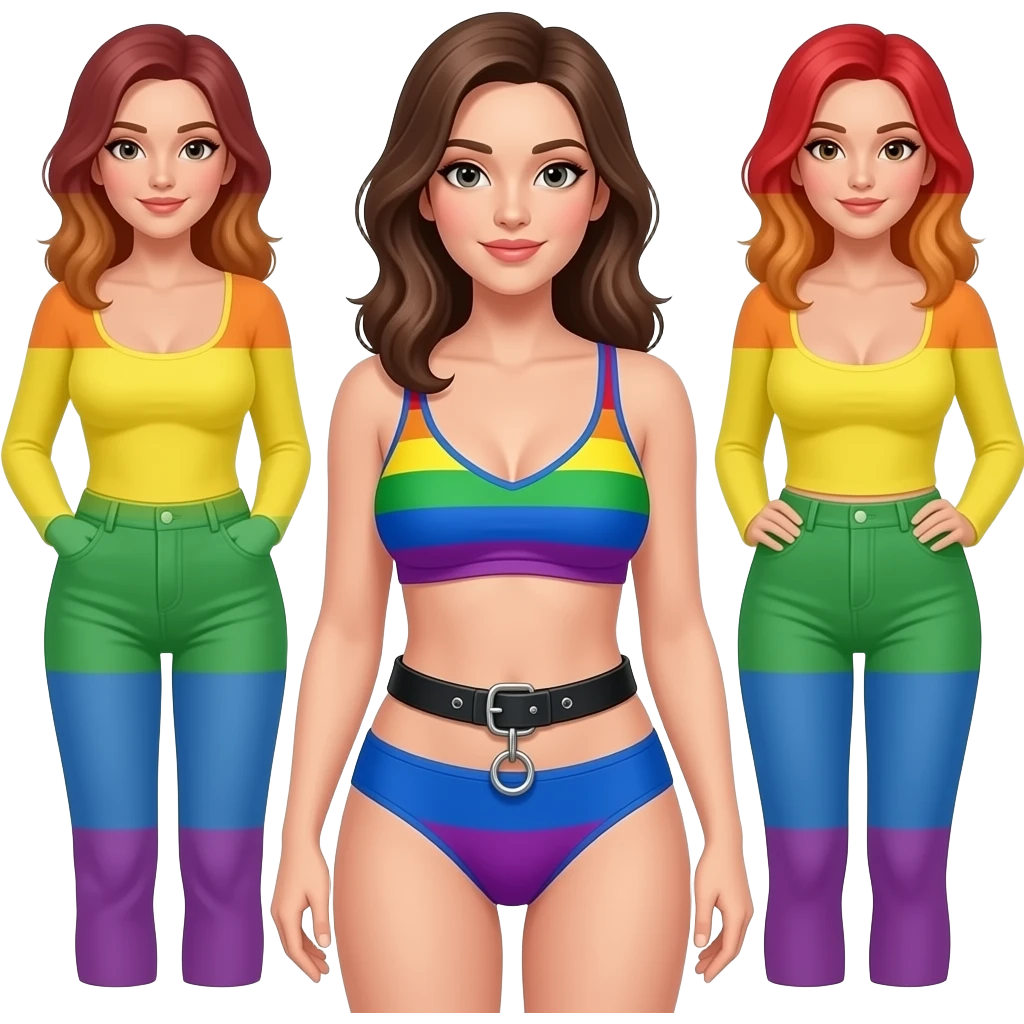 A full body image of A women standing wearing bru and underwear and there color is the lesbian women flag colors and over the under wear add chastity belts emoji