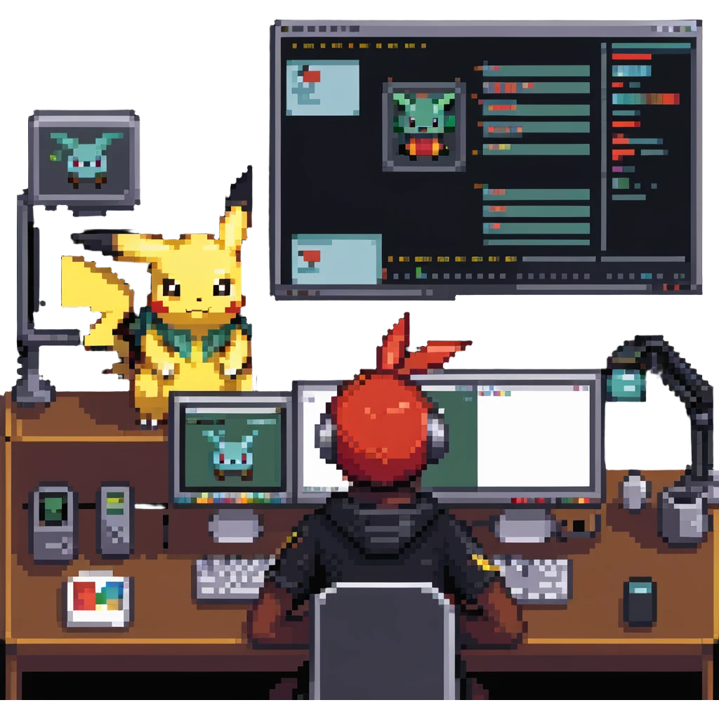 Pokémon character at a desk with video editing software on screen emoji