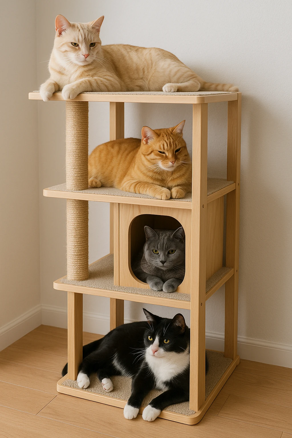 cats relaxing in a vertical playhouse emoji