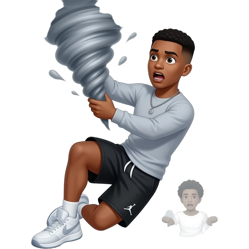make a black skinned 20 year old no beard with a low taper fade wearing a thin grey long sleeve and nothing on it with black jordan shorts and make sure he looks athletic with a very thin silver chain with nothing on it getting picked up in a tornado scared emoji