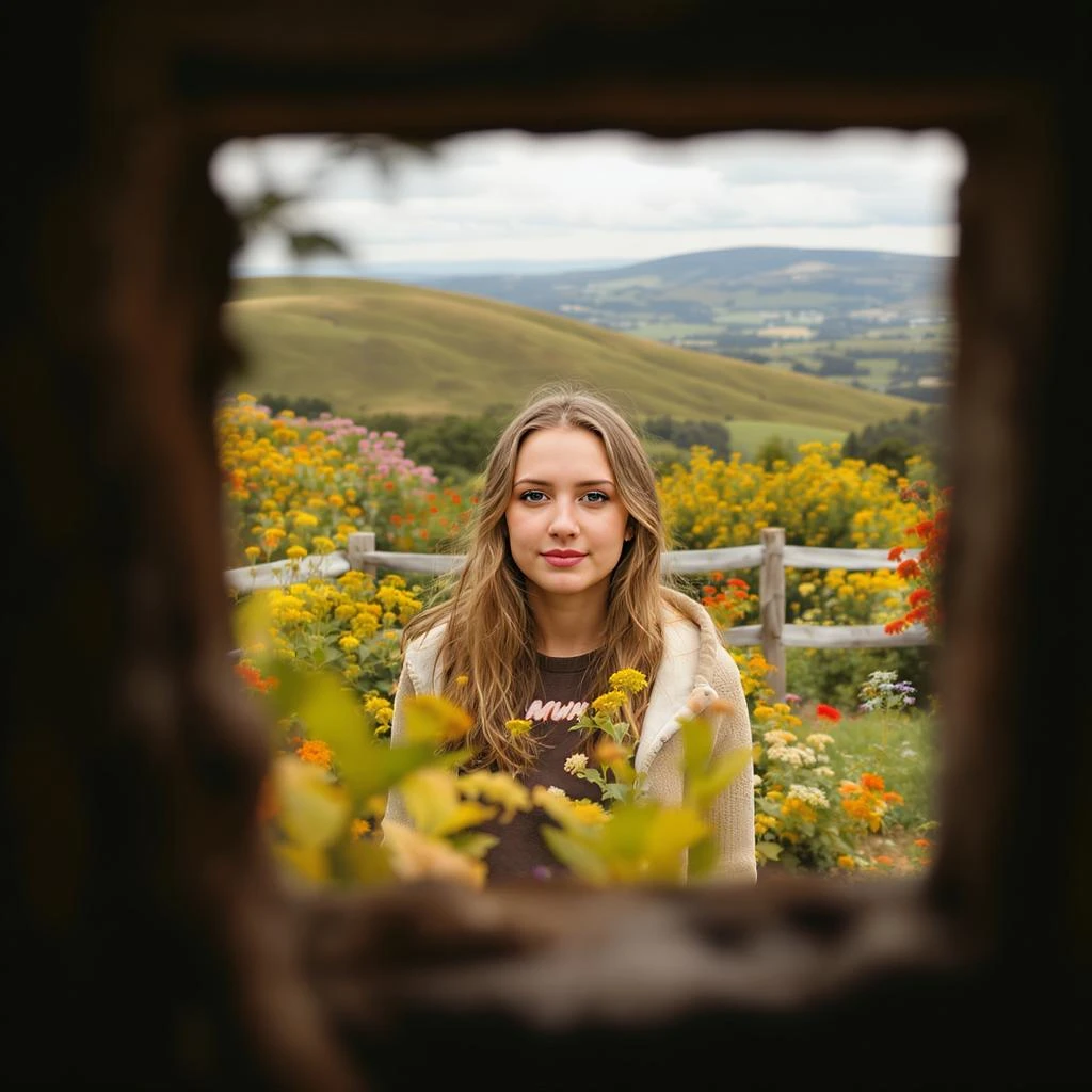 A portrait of a person in the foreground, blurred plants in the foreground (frame within a frame), a wooden fence and colorfull flowers in the midground, rolling hills in the background, cinematic depth of field, layered composition, natural lighting emoji