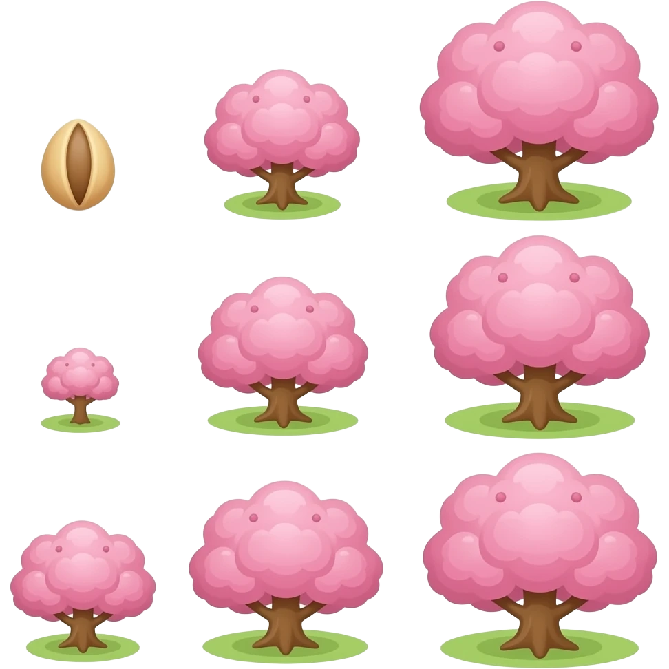 create a pink cherry tree emojis from 0 to 100, there 0 is the seed and the 100 is the full tree. with more than tre levels emoji