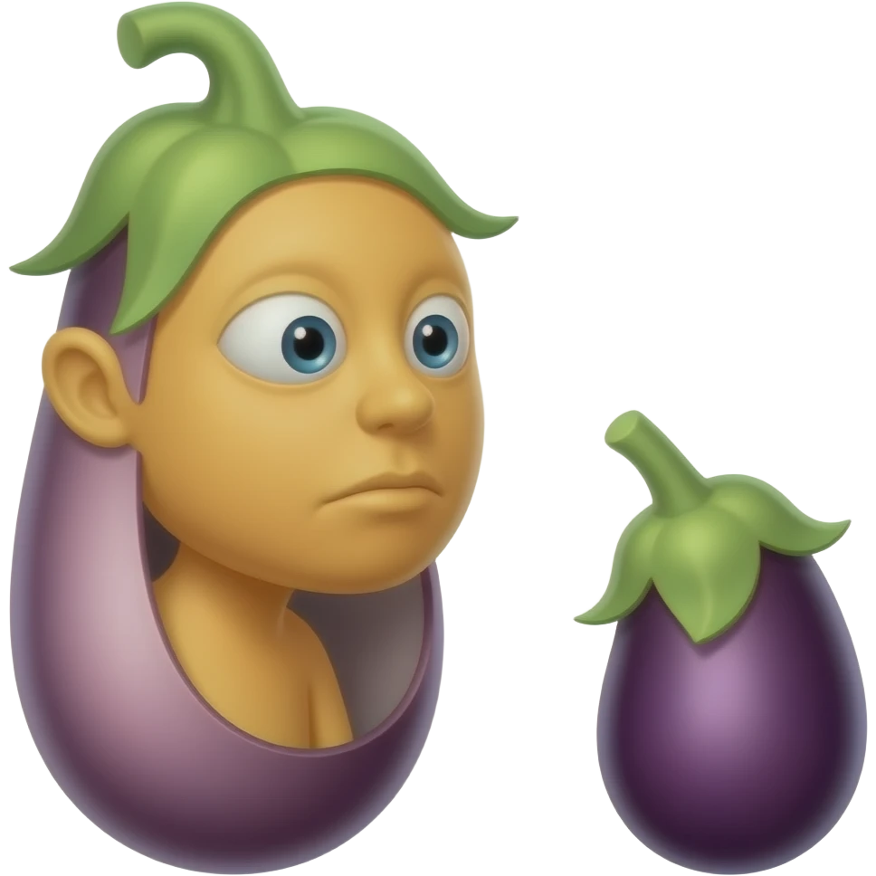Yellow emoji face looking at 1 big eggplant and 1 small eggplant emoji