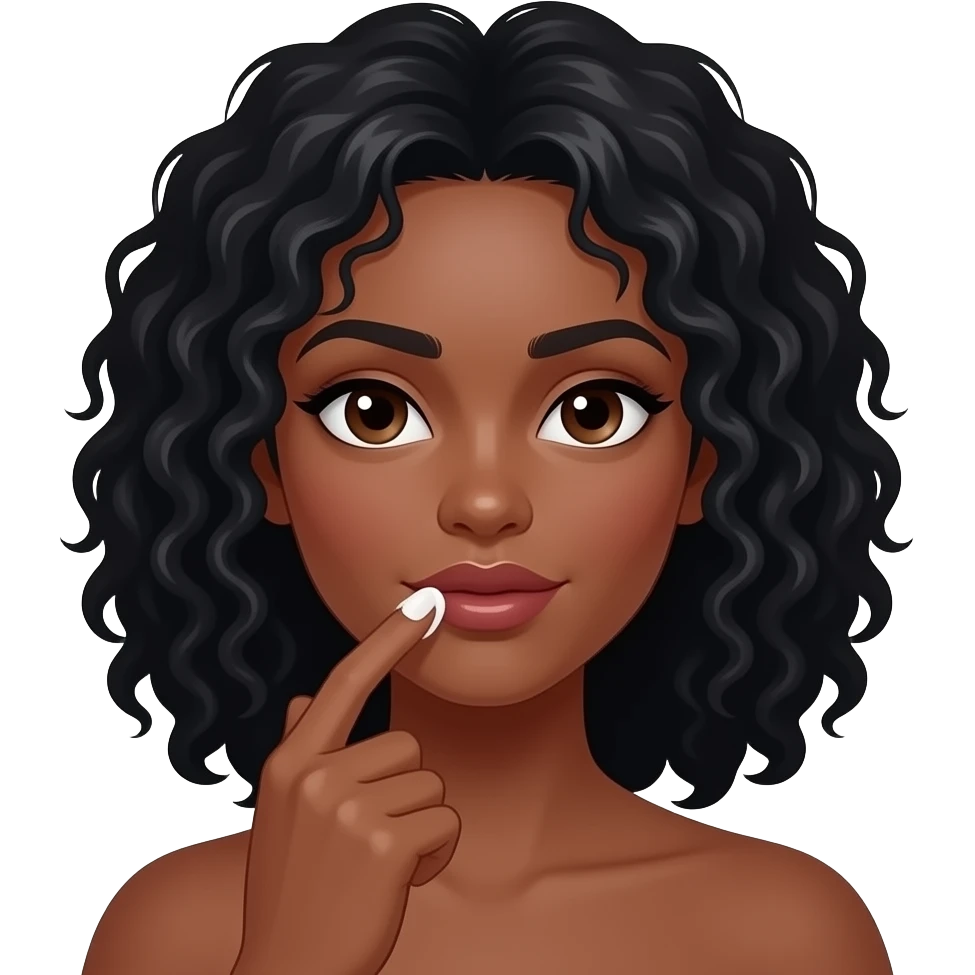 Medium dark skinned woman with black curly shoulder-length hair spreading cream abover her lips with her finger. emoji