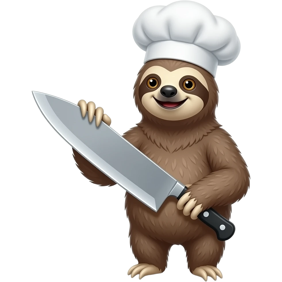 looking askance going smiling evil killer sloth w big chef's knife no hat emoji