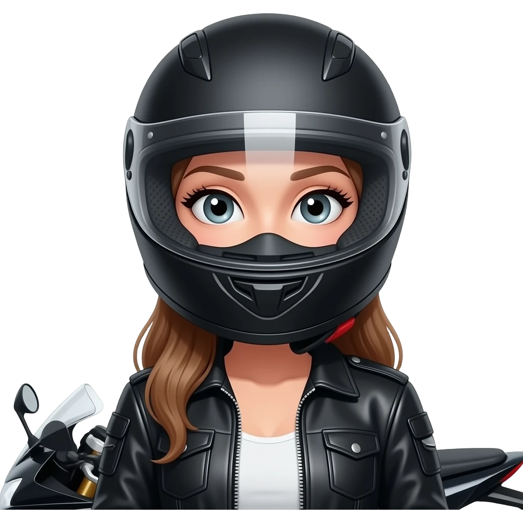 mulher com um capacete de mota que SÓ se ve os seus olhos ou seja a cara é quase toda tapada com o capacete menos os olhos porem aberto e que se veja os cílios bem grandes e a mota ao lado da mulher e a mesma com roupa de motoqueira com os olhos mais relaxados emoji