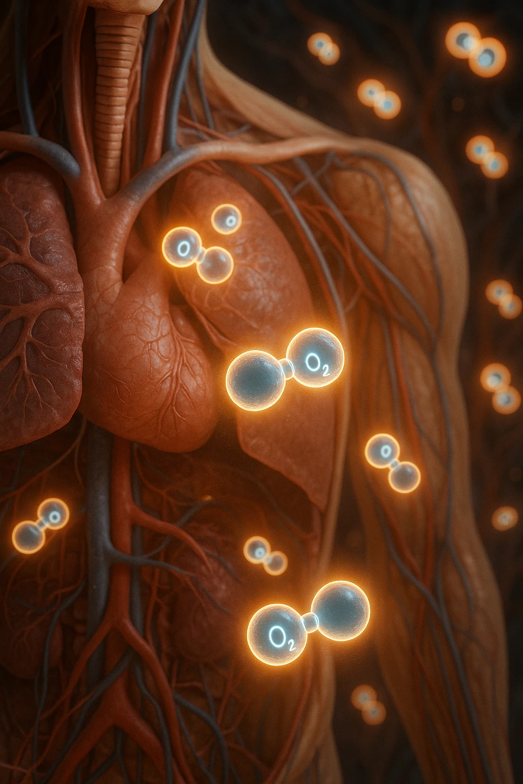 OSSIGENO FLUTTUA IN UN CORPO UMANO ANATOMICO, IPERREALISTICO 4K emoji