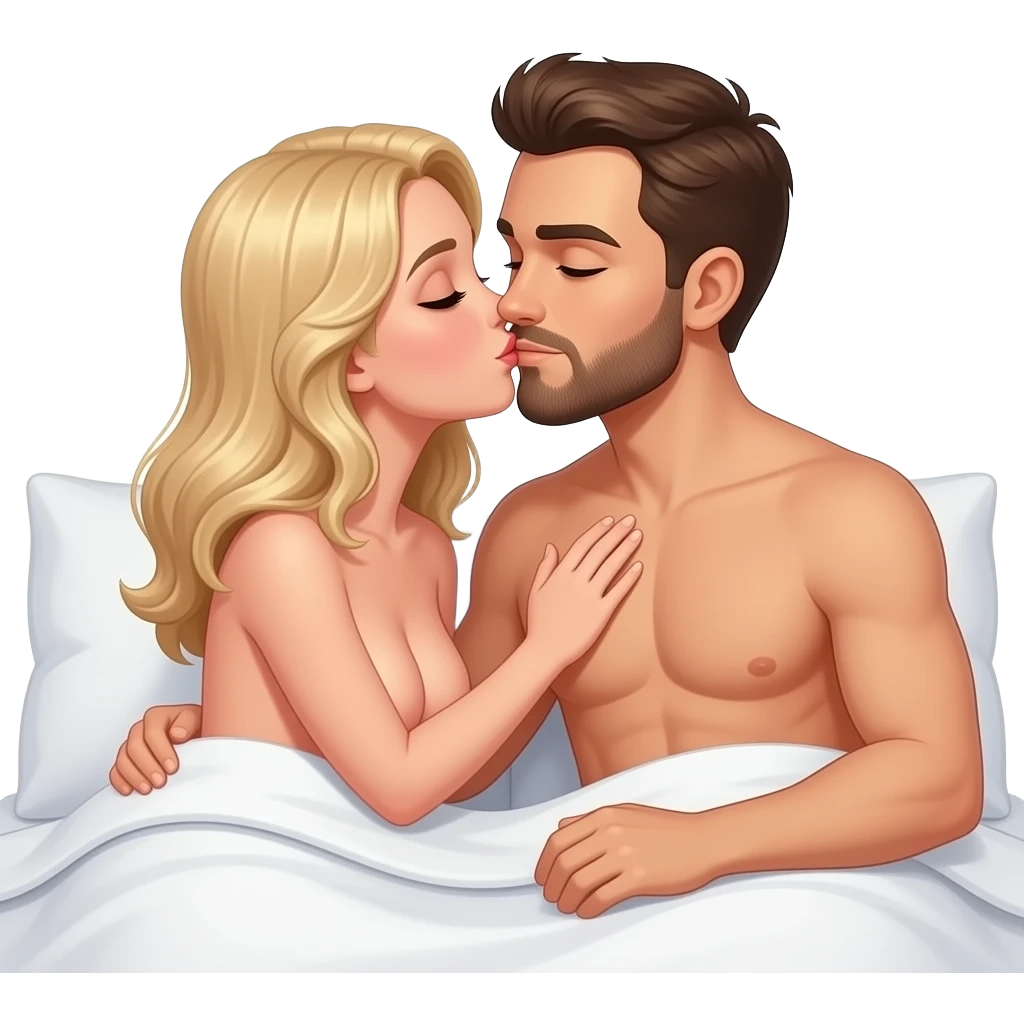 naked woman with blonde hair kissing naked man with brown hair and beard in bed emoji
