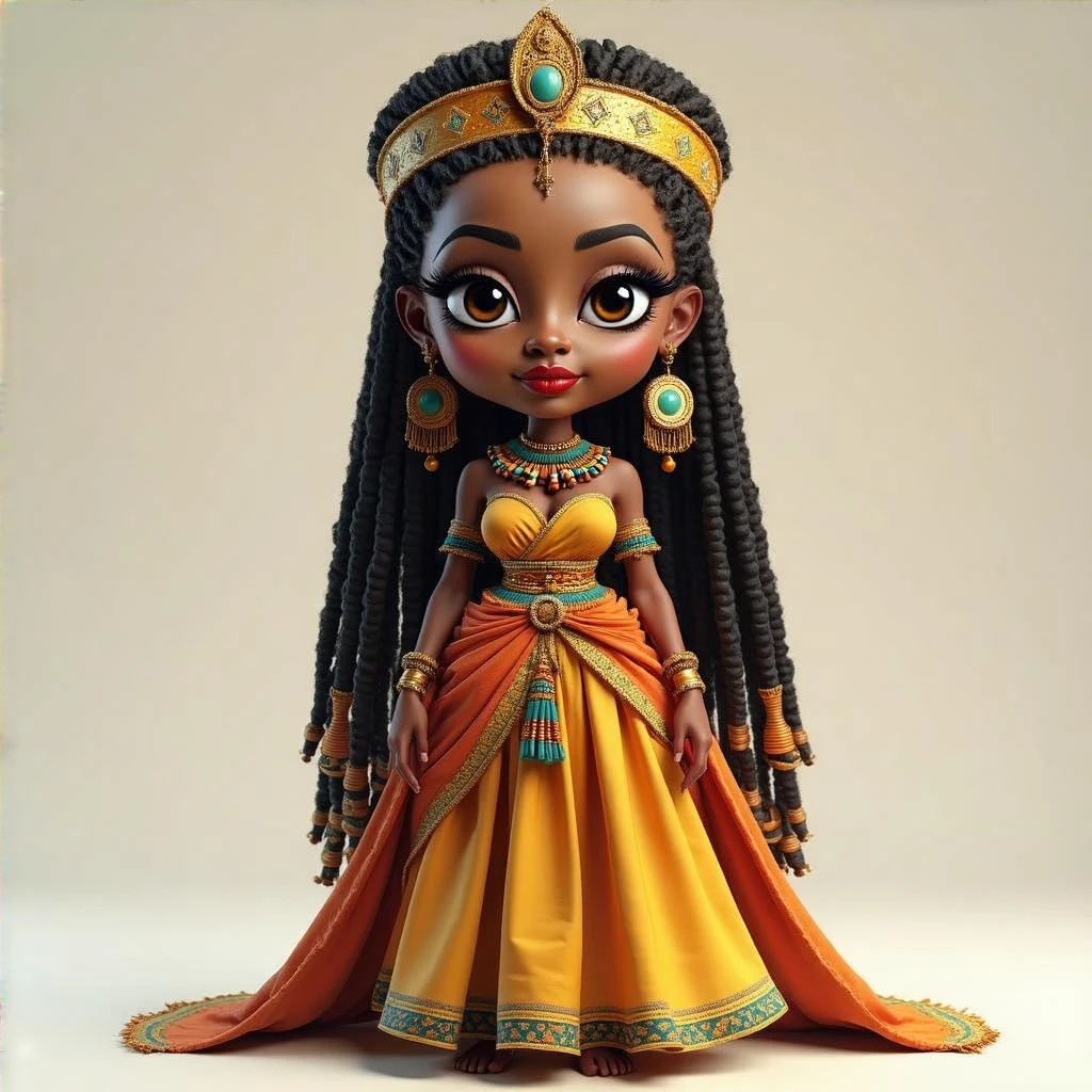 Create me a Stylized 3D Character Art of an beautiful Ethiopian Queen of Sheba wearing traditional modern Ethiopian dress. Make it have a balance of realism and caricature. Make the image a portrait size  emoji