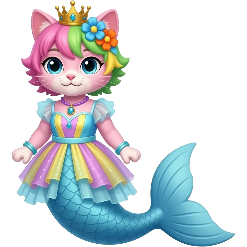 cartoon Male pink anthro cat  with pink and green and yellow hair blue flower orange flower golden crown with light purple necklace light cyan braclets cyan and pink and yellow dress with  attached to cyan  and light blue mermaid tail with dark blue fins emoji
