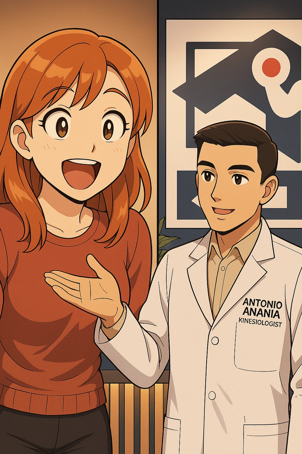 su questo stile fai un manga/webtoon a colori in cui C'è UNA STRISCIA CON FOCUS SUL VOLTO DELLA donna CON ESPRESSIONE DI STUPORE CHE ESCLAMA UNA COSA FELICE, MENTRE NELLA STRISCIA A DESTRA SI VEDE, l'uomo della foto in stile manga LE SPIEGA CHE DEVE PROVARE LA SUA VALUTAZIONE MEDICA, mantieni un ambiente simile alla foto che ho allegato con il suo logo (sarebbe il suo studio, lui è un kinesiologo), scrivigli "ANTONIO ANANIA" sul camice bianco, non mettere fumetti, ma fai in modo che sembri che la donna CHIEDA E  l'uomo RISPONDA emoji