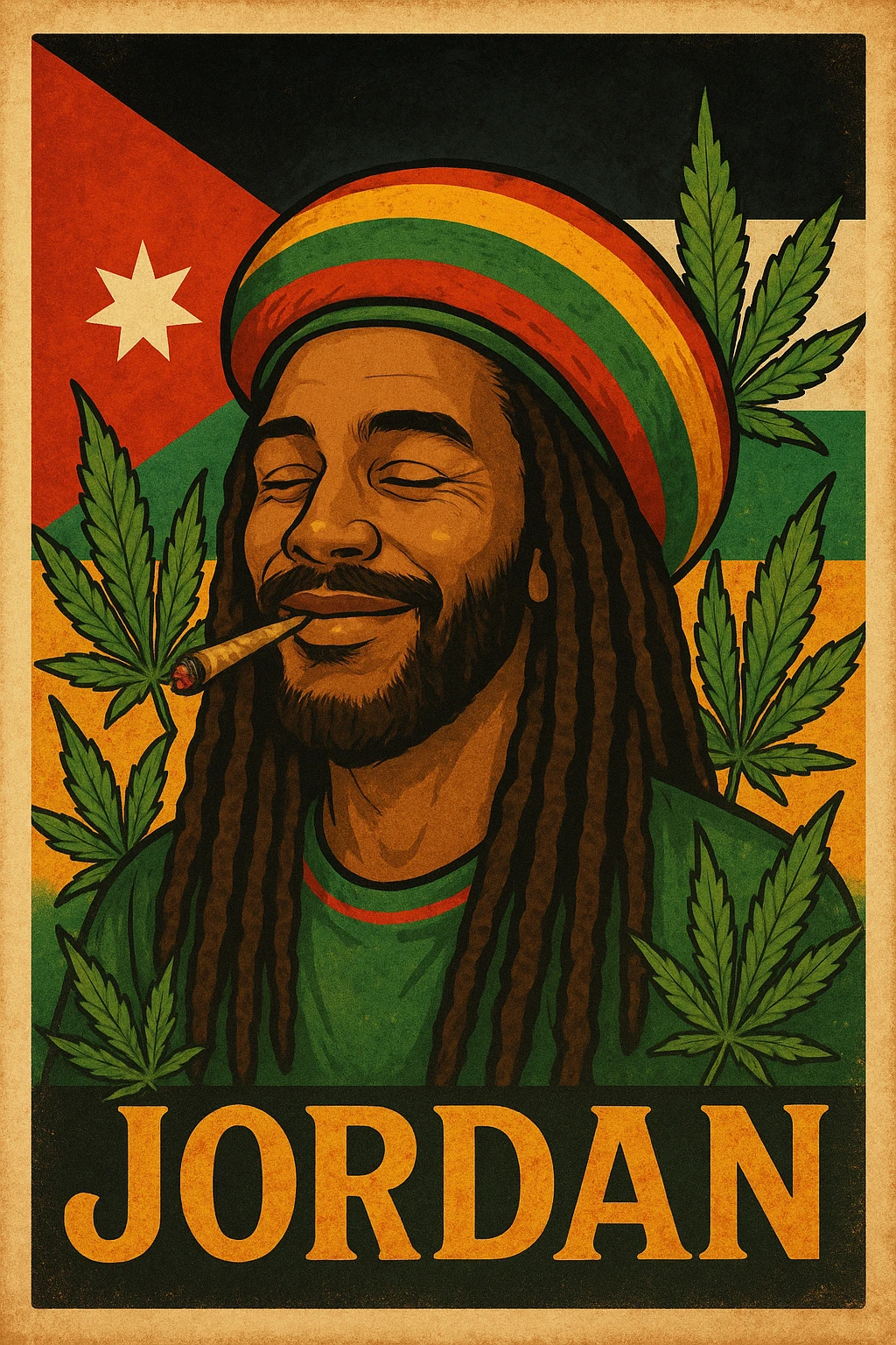 A digital vintage-style poster illustration of a Jordanian Rasta man with dreadlocks, wearing a red, yellow, green striped tam hat. He is smiling peacefully with a lit herbal spliff in his mouth. The background features the official Jordan flag — black, white, green horizontal stripes with a red triangle and a white 7-point star — accurately displayed behind him. Cannabis leaves are tastefully arranged around the composition, and the poster includes Rasta color textures blended with the Jordanian palette. Use a retro poster style with warm, slightly aged textures, bold outlines, and soft shading to evoke a soulful reggae vibe that honors both Jordanian pride and Rasta spirit. The mood is chill, powerful, and respectful emoji