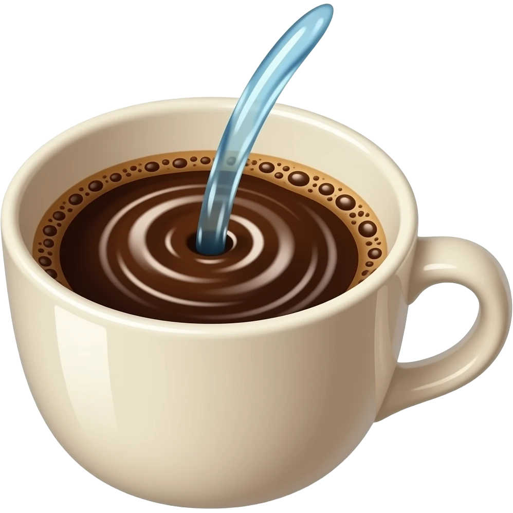 Minimal emoji-style illustration of a cup of coffee being filled with water.
A stream of water pouring into the cup, visible mixing and light swirling effect.
Clean, simple shapes, warm brown tones, light beige (off-white) cup, centered composition, minimal background. emoji