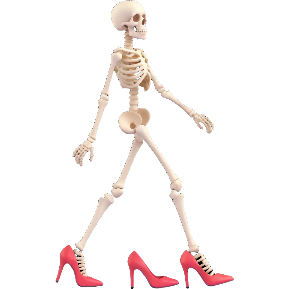 skeleton walking confidently in high heels with a fun vibe emoji