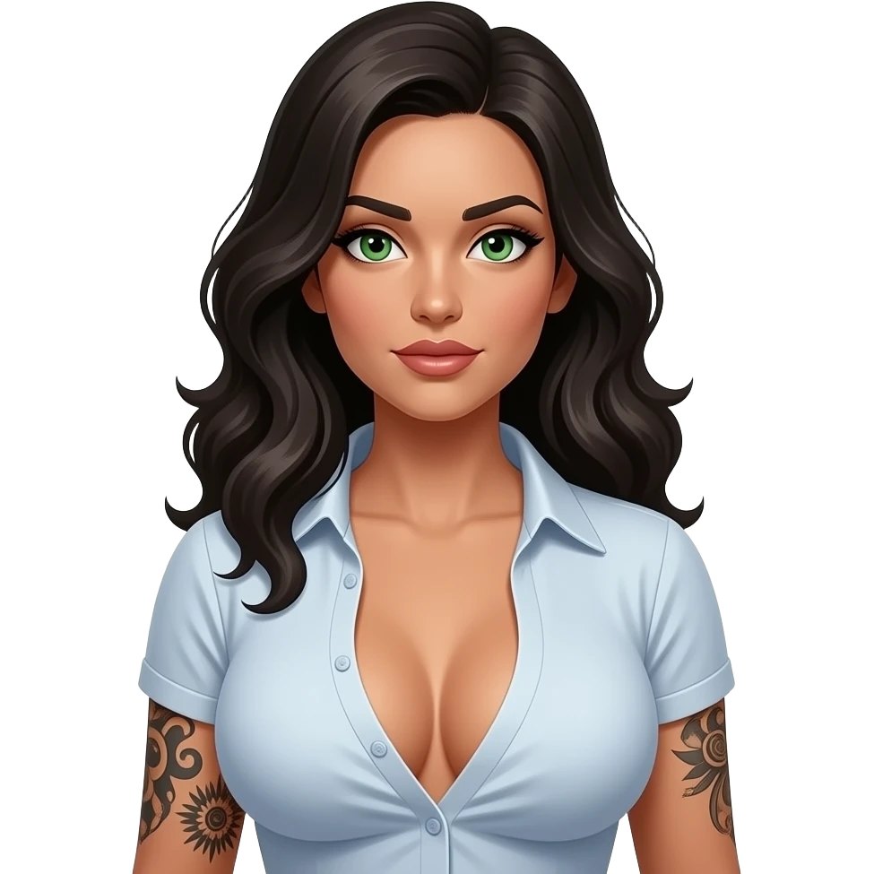 Green eyes tan big boobs Linda hair sexy ink shirt emoji