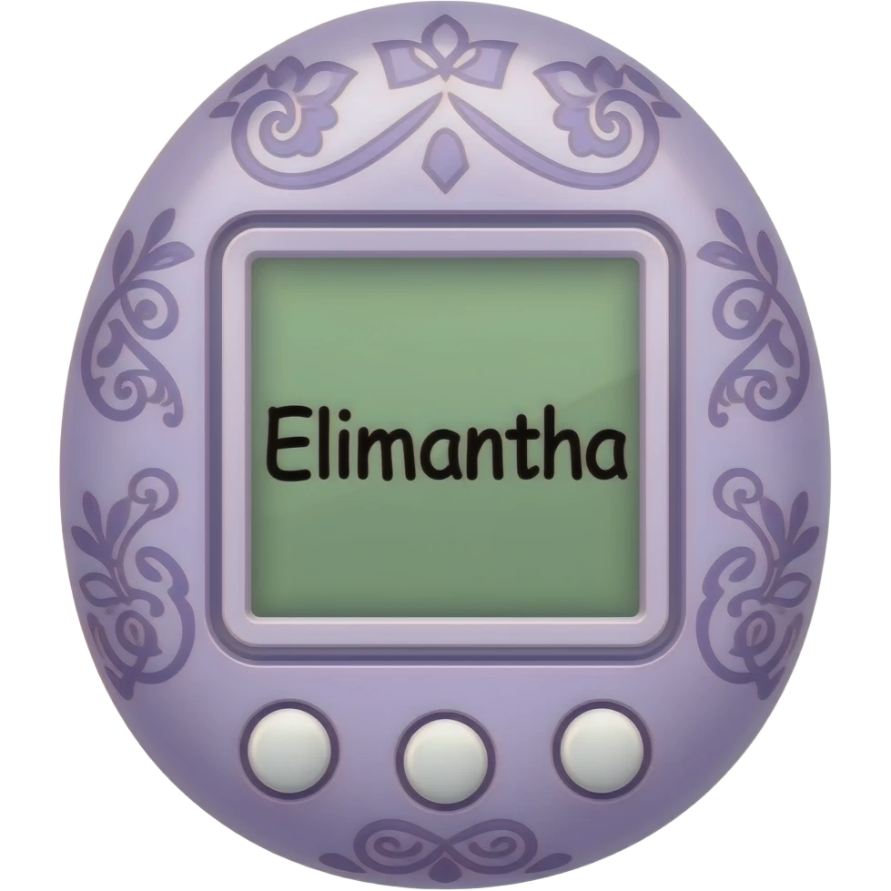lilac  tamagotchi with patterns on outside that says Elimantha on the sreen emoji