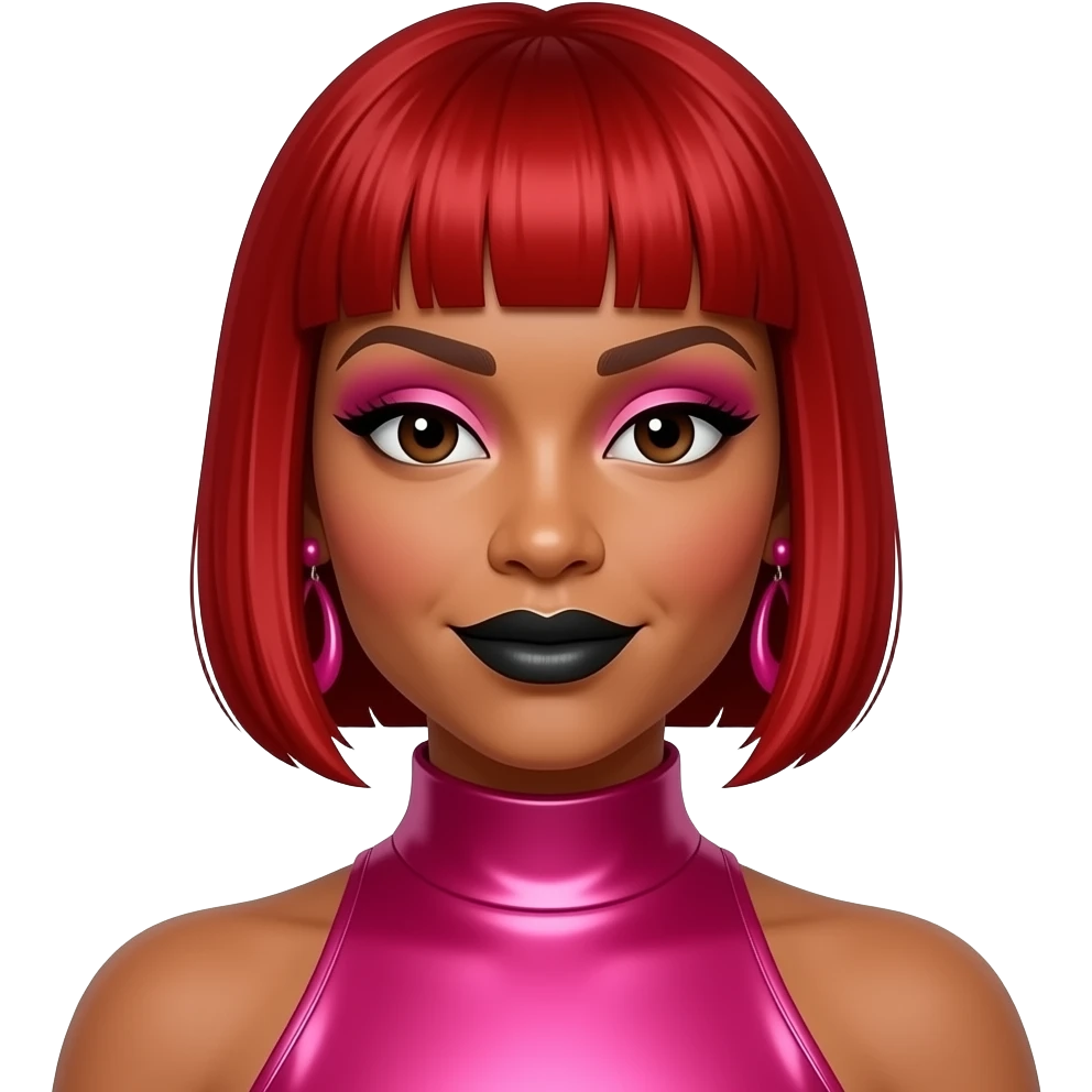 Tionne T-Boz Watkins from TLC with dark brown eyes, bright red tapered pixie cut hair, pink eyeshadow, black lipstick, hot pink metallic high neck dress, pink earrings emoji