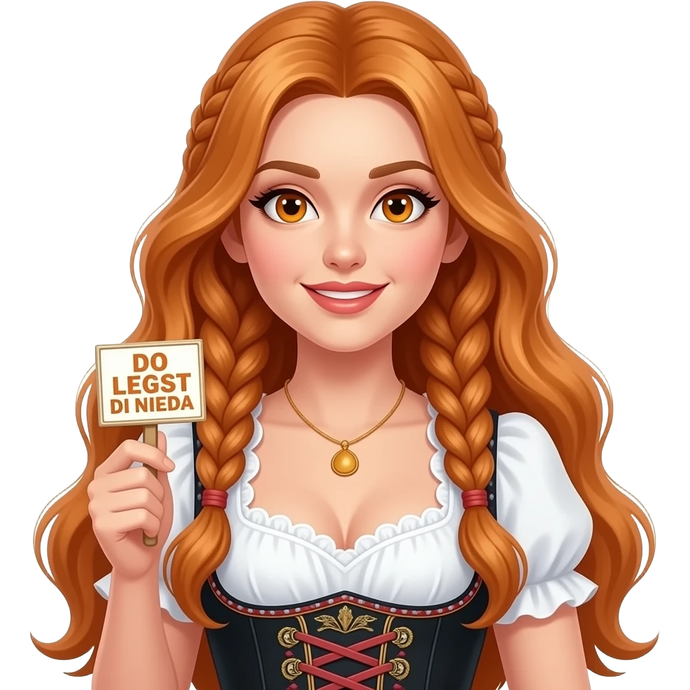 sexy girl with overlong ginger hair in braids and ginger eyes wearing a dirndl holding a DO LEGST DI NIEDA sign emoji