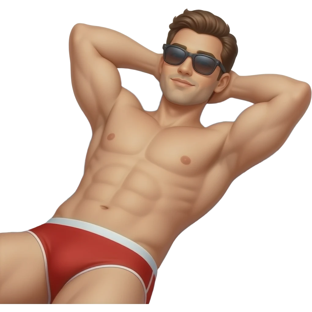 Erstelle ein Bild von einem Strand, mit im Bild ist ein Mann zusehen der sich im liegen sonnt, er trägt rote enge speedo und Oberkörper frei und trägt eine Sonnenbrille emoji