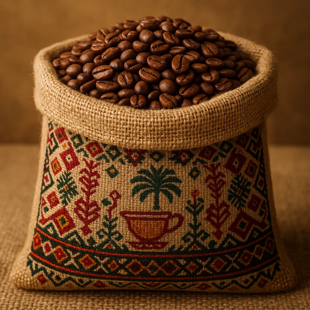 Saudi coffee beans in a burlap sack with Middle Eastern motif emoji