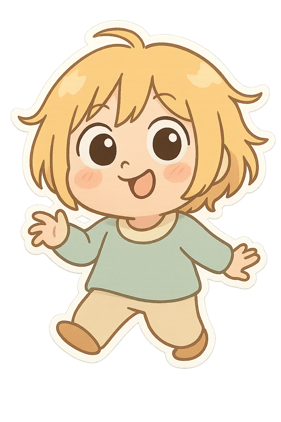 Tun Tun Suhoor, viral Italian brainrot meme character, chibi emoji style, cute round face, playful expression, blonde messy bob, big eyes, small mouth, slight blush on cheeks, simple pastel outfit, funny and silly meme vibe, no text emoji