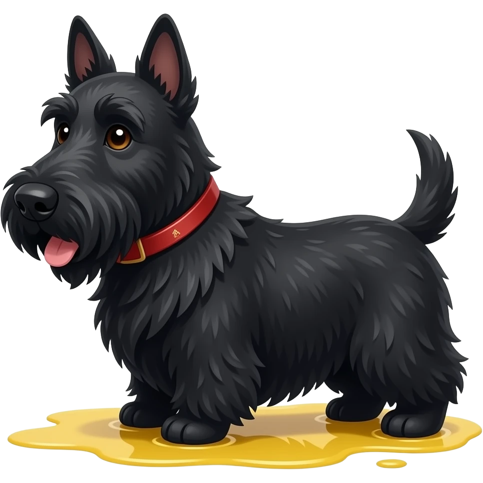 Extra fluffy Black Scottie dog smiling in profile full body. Very small yellow puddle beneath rear paws only emoji