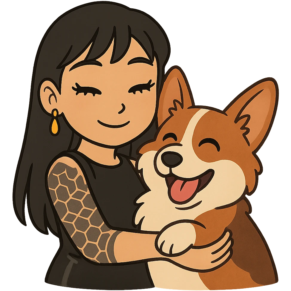 Ghibli-style emoji of an Asian girl with long straight hair, side-swept bangs, black leather dress, gold drop earrings, bold false lashes, and a geometric 3/4 sleeve tattoo on her left arm, hugging a joyful red head tri-color corgi, simplified, emoji-like emoji