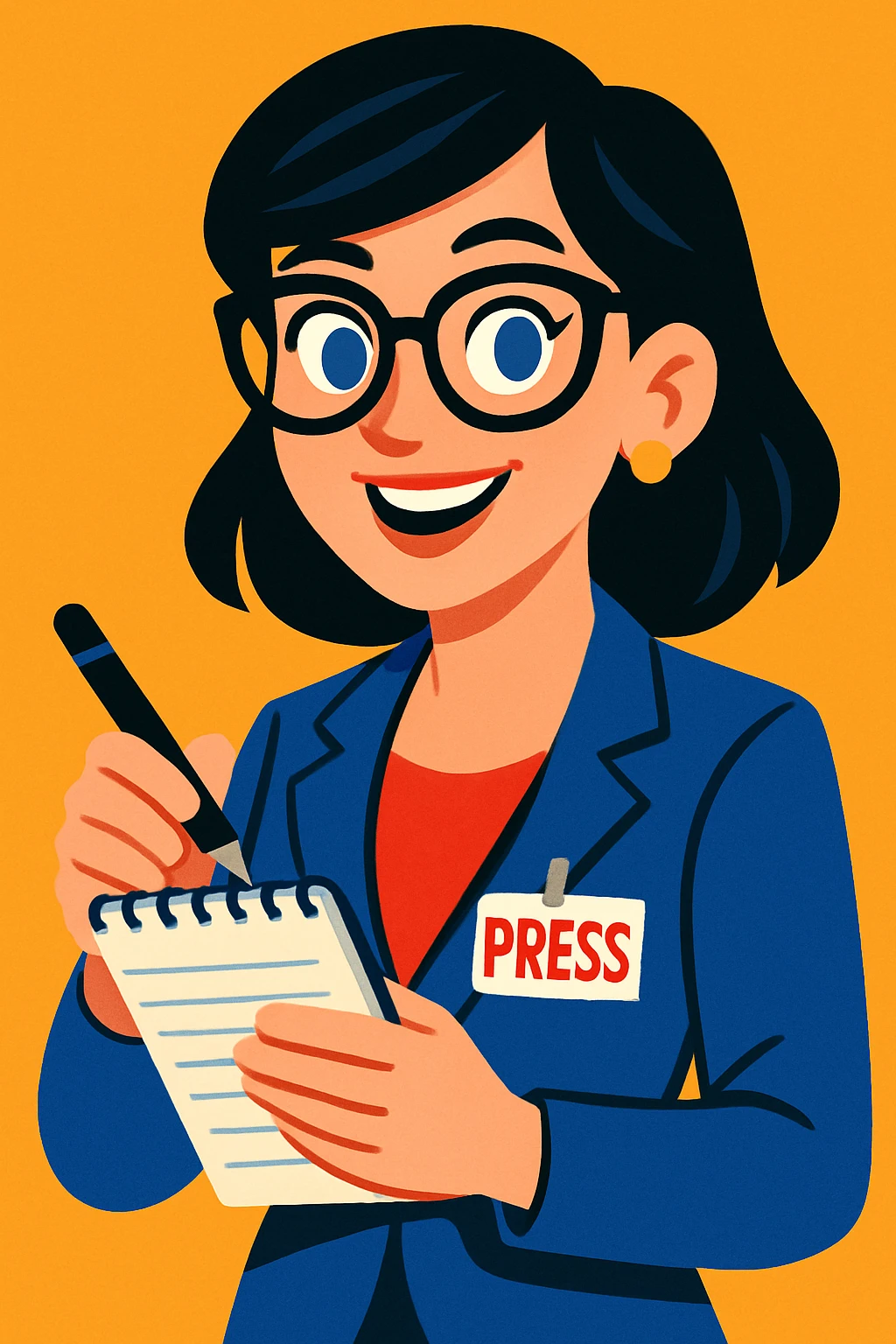 professional female journalist with black hair, blue eyes, and glasses, holding a notepad and pen, ready to conduct an interview, vibrant toon style emoji