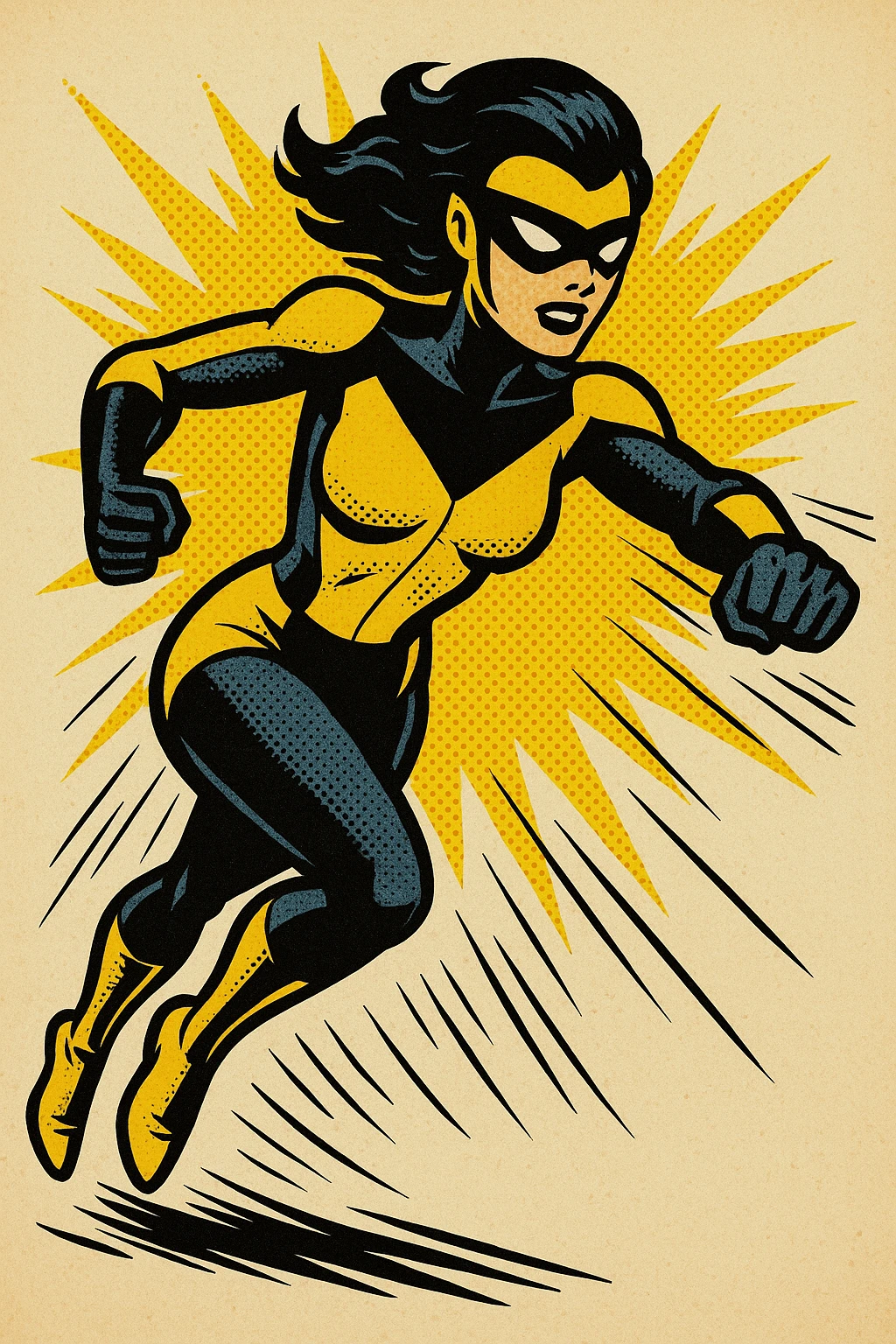 superheroine costume, yellow and black, futuristic design, visor mask, streamlined suit, energetic pose emoji