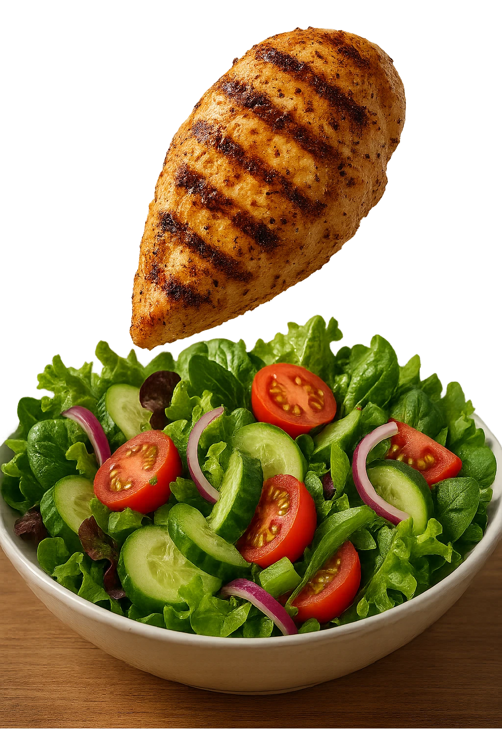 INSALATA CON PETTO DI POLLO GRIGLIATO CHE CADE DALL'ALTO, IPERREALISTICO 4K emoji