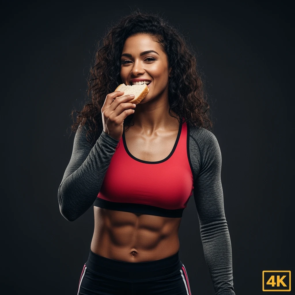 DONNA FITNESS CHE MANGIA PANE FELICE, IPERREALISTICA 4K, SENZA SFONDO emoji
