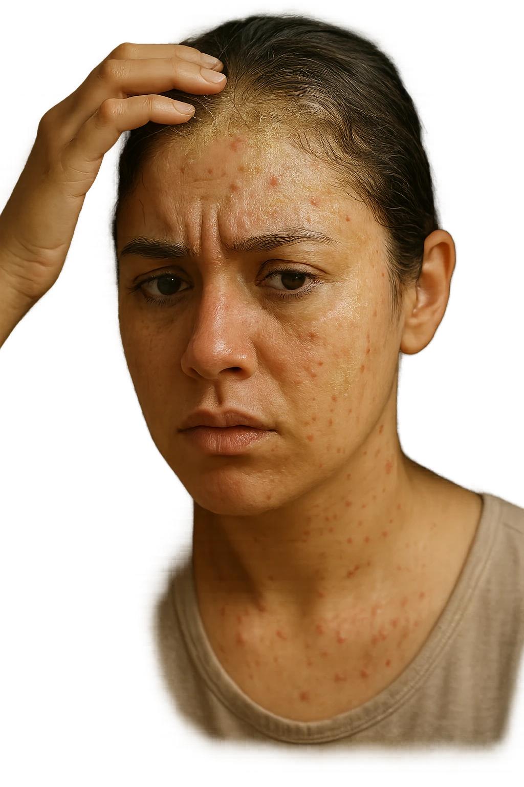 A highly realistic, cinematic close-up portrait of a young woman in her late 20s with medium skin tone, displaying visible folliculitis and seborrheic dermatitis. Small, red, inflamed follicular papules and pustules are scattered along her hairline, jawline, and upper neck, indicating folliculitis. Her scalp and areas around the nose and eyebrows show flaky, greasy yellowish scales, with redness and irritation, indicating seborrheic dermatitis. Her hair appears slightly greasy and clumps near the scalp, emphasizing excess sebum production. She gently touches her irritated scalp with concern while looking at herself in a softly lit bathroom mirror, expressing discomfort and frustration. The environment is neutral and clean, with daylight softly illuminating the scene to highlight the skin and scalp texture. The style is 35mm hyperrealistic, with warm neutral tones and shallow depth of field to maintain focus on her skin, inflammation, and emotional expression, visually explaining the physical discomfort and aesthetic concerns of living with folliculitis and seborrheic dermatitis emoji