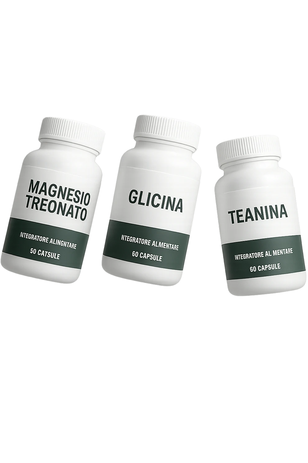 3 boccette di integratori: Magnesio Treonato, glicina, teanina, fluttuano in aria emoji