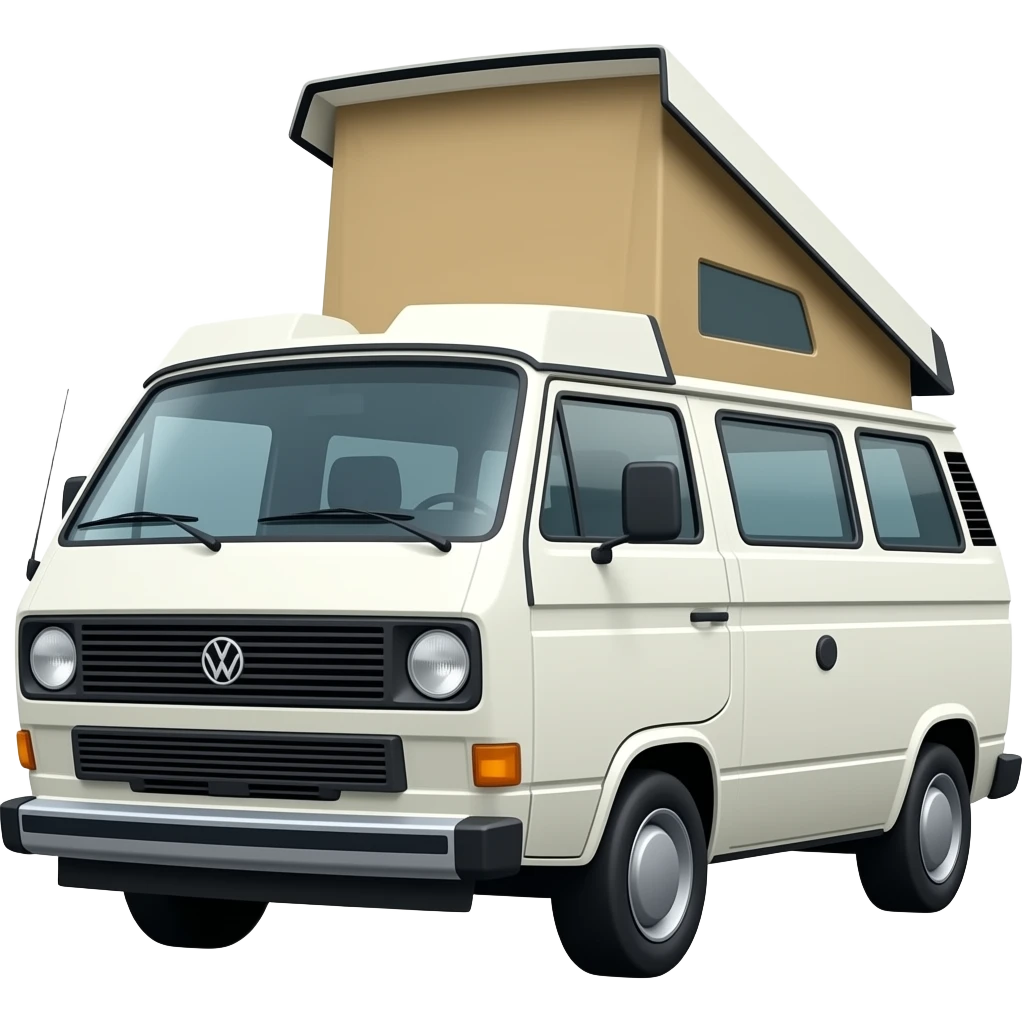 vw t3 california weiß mit eckigen Doppelscheinwerfern und Klappdach von schräg vorne gesehen emoji