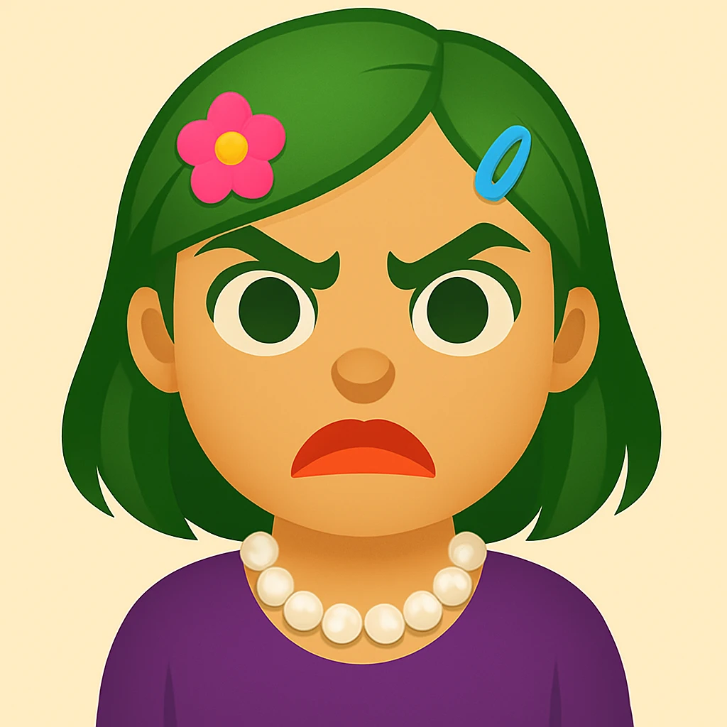 Create an emoji style image of a girl with green hair and an angry expression. She has green eyes, lipstick blended with coral and orange, colorful hair clips, and a pearl necklace. emoji
