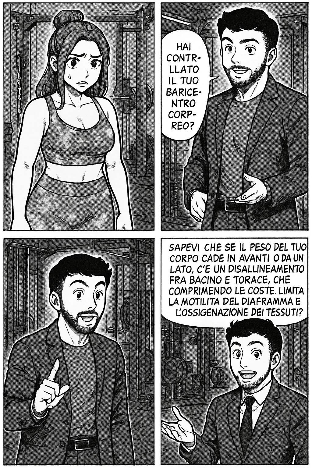 TRASFORMA QUESTO CAROSELLO IN UN FUMETTO STILE MANGA CON QUESTE DUE PERSONE IDENTICHE CHE INTERLOQUISCONO TRA LORO:

LEI: Ho la cellulite anche se mi alleno e mangio bene, cosa posso fare?

LUI: Hai controllato il tuo baricentro corporeo?
LUI: Sapevi che se il peso del tuo corpo cade in avanti o da un lato, c’è un disallineamento fra bacino e torace, che comprimendo le coste, limita la motilità del diaframma e l’ossigenazione dei tessuti?
LUI: Il mio è il primo e unico percorso che lavora sugli inestetismi con un lavoro mirato sul baricentro corporeo. emoji