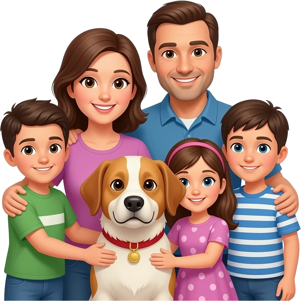 Italian family  of 5 mom dad 2 sons 1 daugher hugging 1 dog emoji