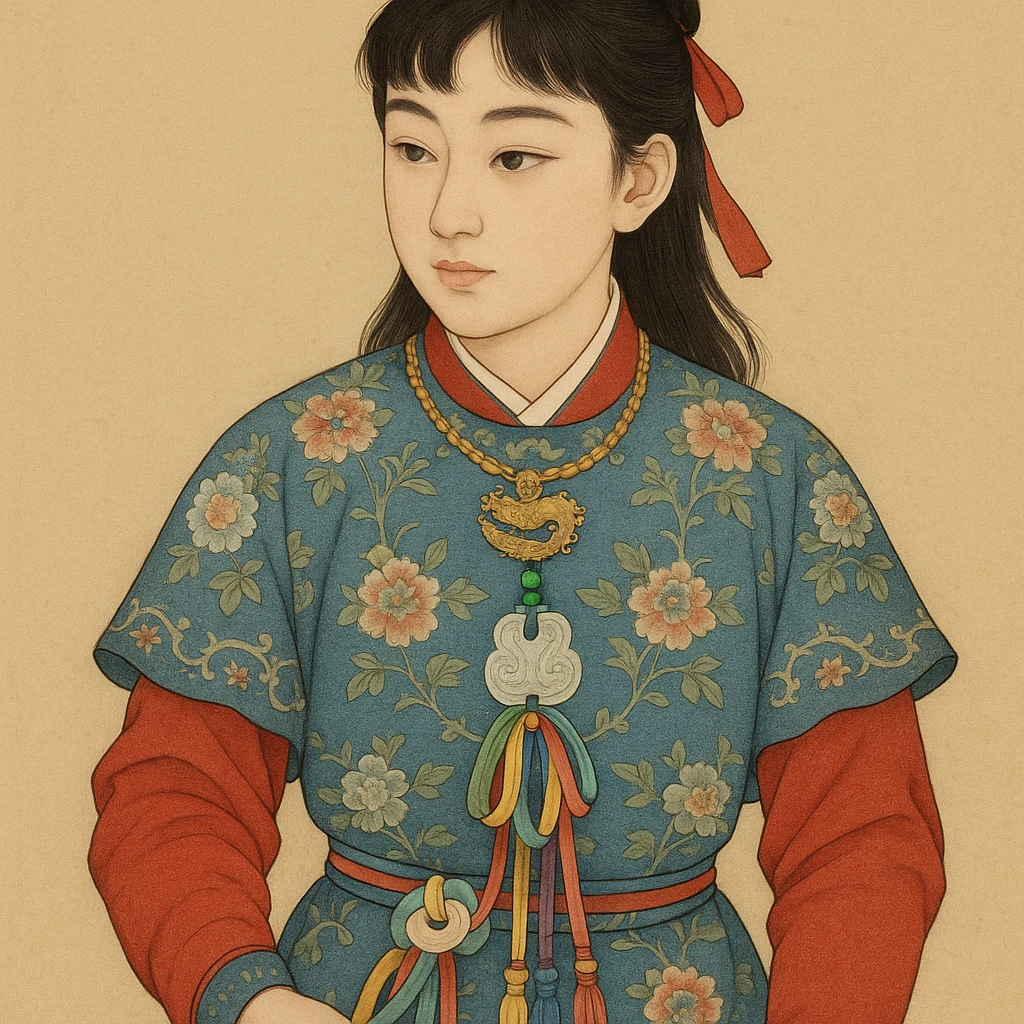Jia Baoyu, face like the mid-autumn moon, complexion like spring dawn flowers, hair like cut by a knife, eyebrows like ink painting, nose like hanging gallbladder, eyes like autumn waves, wearing golden dragon chime necklace on neck, five-colored silk ribbons tied with beautiful jade, dressed in bright red arrow sleeves, outerwear of stone blue floral eight-group satin with tassels, waist tied with multicolored silk flower knot long tassel palace ribbon, in Chinese traditional style illustration emoji