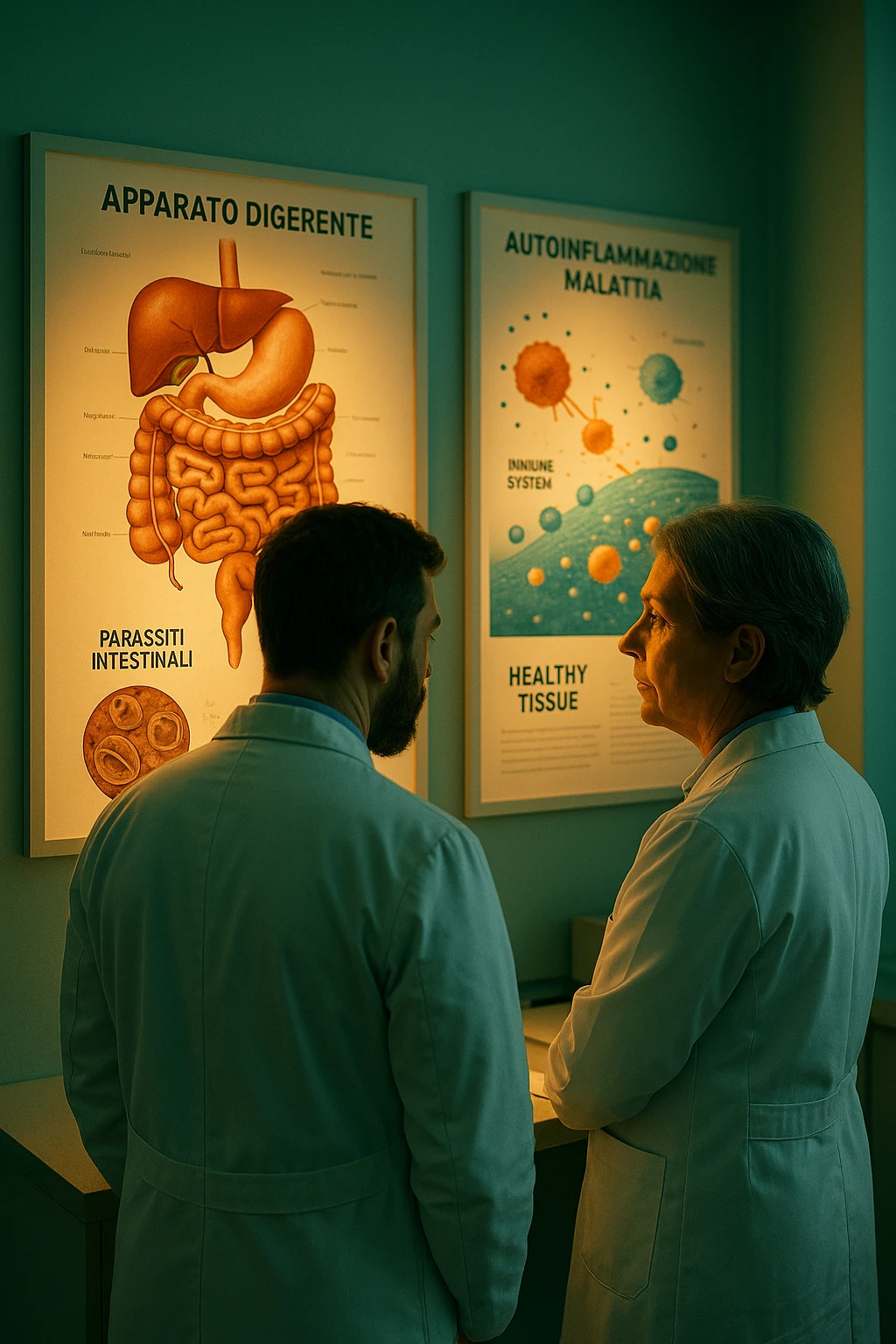 In italiano Realistic, detailed photo taken from behind of two doctors—a bearded man and a middle-aged woman—standing side by side in a modern medical office, intently studying a large, illuminated medical chart on the wall. The chart displays a detailed diagram of the human digestive system, highlighting the intestines and showing microscopic images of intestinal parasites. Next to it, another chart illustrates the immune system attacking healthy tissues, visually connecting gut parasites to autoimmune disease mechanisms. The room is bathed in a single green-blue color, with a warm, yellow-orange light casting soft shadows around the doctors. Both wear white coats and have serious, focused expressions, suggesting a deep discussion about the root causes of autoimmune conditions. Shot with a Canon EOS R5, with high detail, natural depth of field, and a clinical yet dramatic atmosphere. emoji