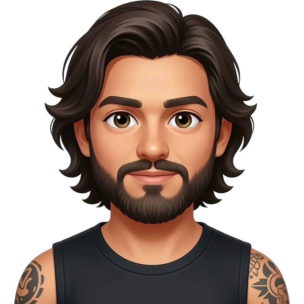 Kawaii style Handsome Latino, man with medium length hair and tattoos with a long beard saying nope emoji