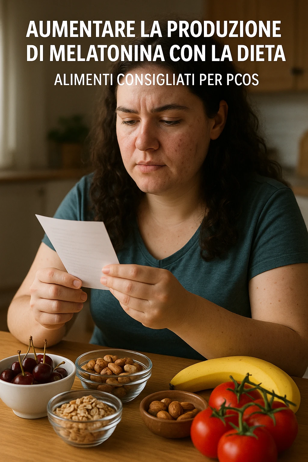 Donna con pcos che cerca di aumentare la sua produzione di melatonina con la dieta immagine realistiche in italiano emoji