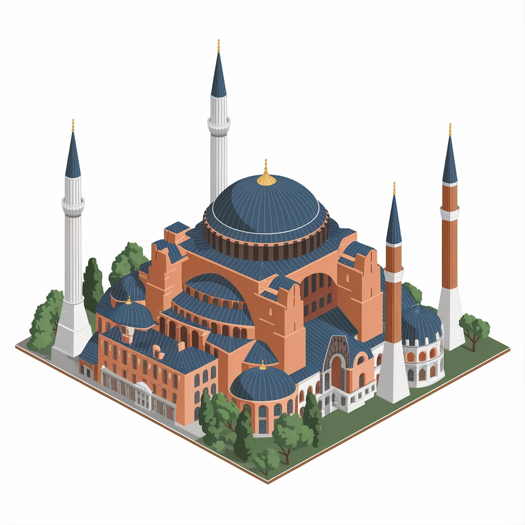 Isometric illustration of Istanbul, featuring real photorealistic Hagia Sophia with ts large central dome and four tall minarets, with real transparent background emoji