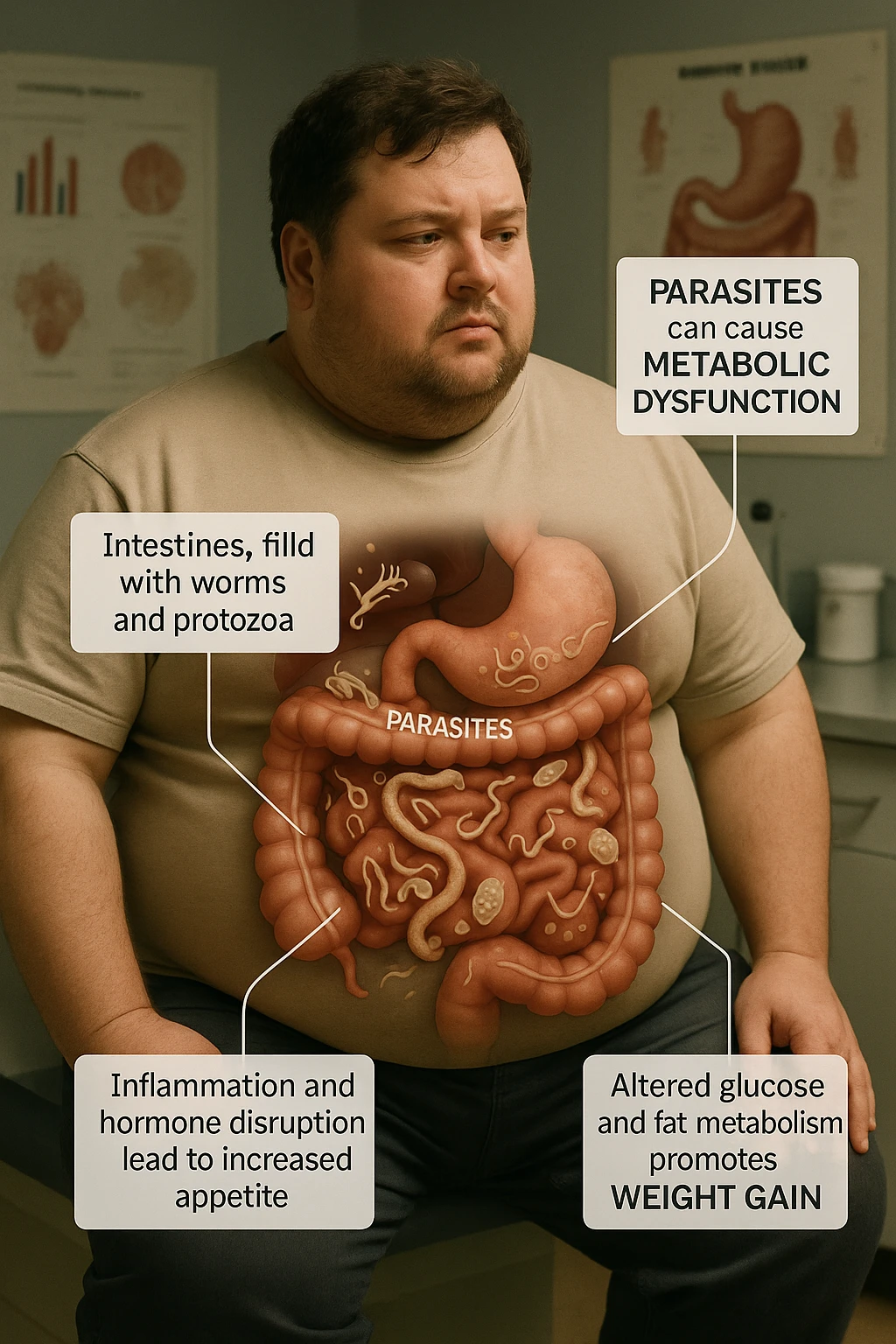 cinematic photo an overweight man is shown with a semi-transparent abdomen, highlighting the intestines filled with various types of parasites (such as worms or protozoa). Educational callouts explain how these parasites can disrupt metabolism and contribute to weight gain. The setting is a medical office, with charts and diagrams in the background. emoji