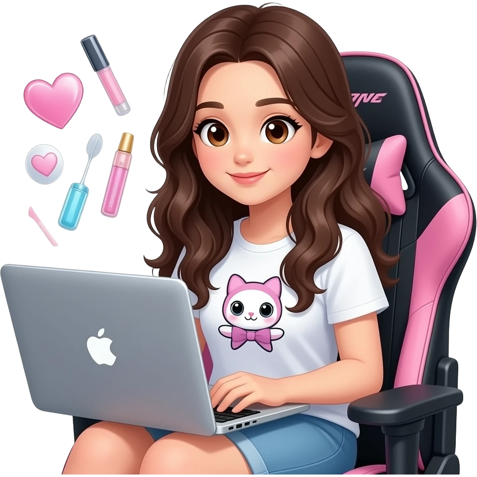 Crea una imagen al estilo de iOS 18 de una chica morena con cabello largo y ondulado castaño oscuro  y ojos marrones,  que este mirando una macbook y este sentada en una silla gamer frente a un escritorio con elementos girly de computacion emoji