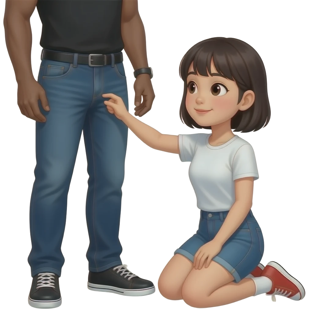 Asian girl kneeling before a black guy showing his penis emoji